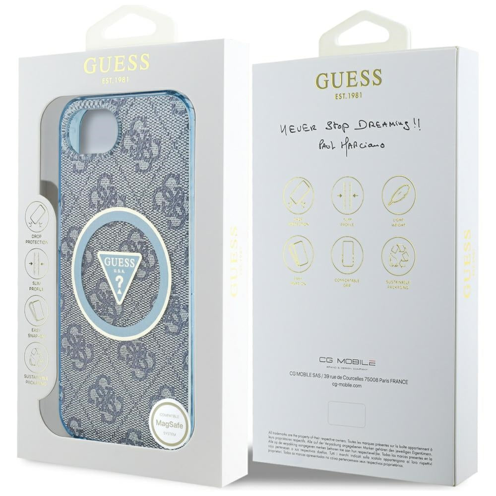 Калъф MagSafe за Apple iPhone 16e, Guess, IML Glitter 4G Circle Triangle, Син