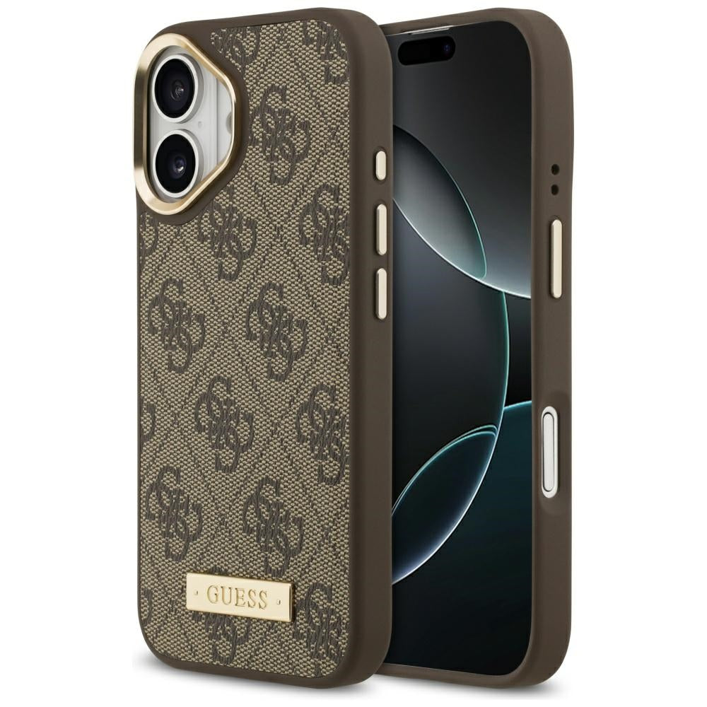 Калъф MagSafe за Apple iPhone 17, Guess, 4G Logo Plate, Кафяв