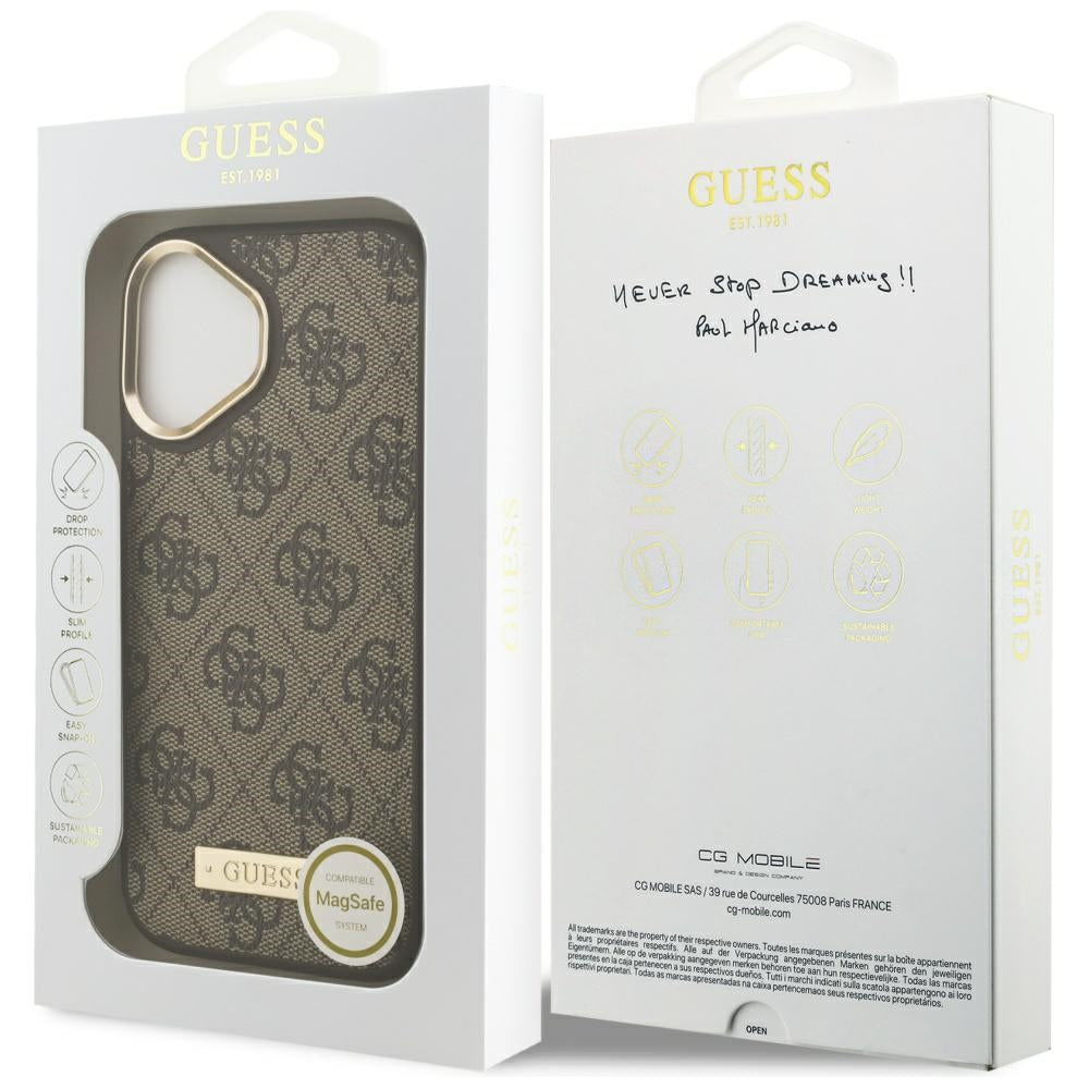 Калъф MagSafe за Apple iPhone 17, Guess, 4G Logo Plate, Кафяв