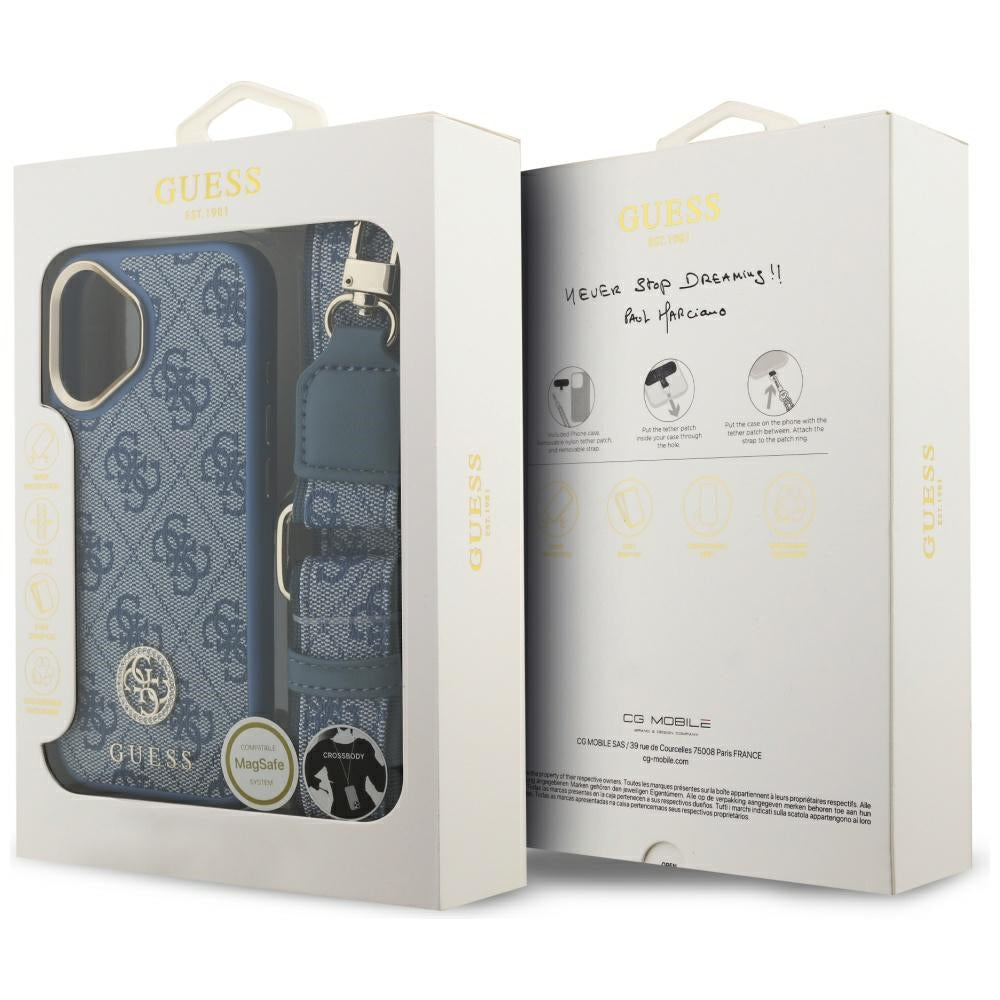 Калъф MagSafe за Apple iPhone 17, Guess, 4G Strass Logo with Big Strap, Син