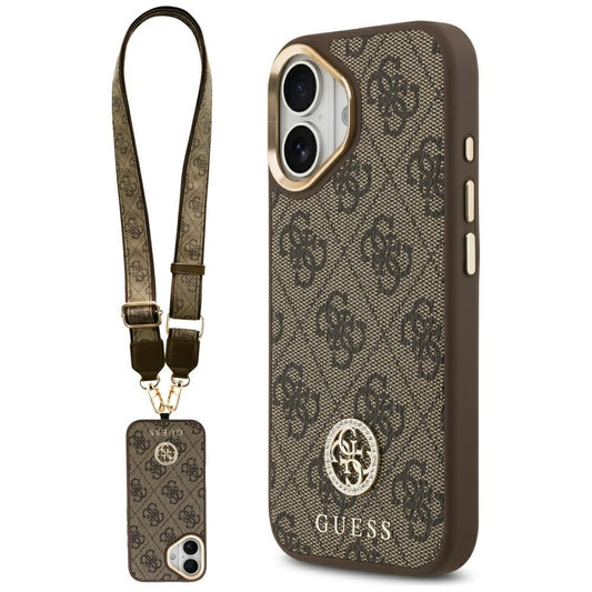 Калъф MagSafe за Apple iPhone 17, Guess, 4G Strass Logo with Big Strap, Кафяв