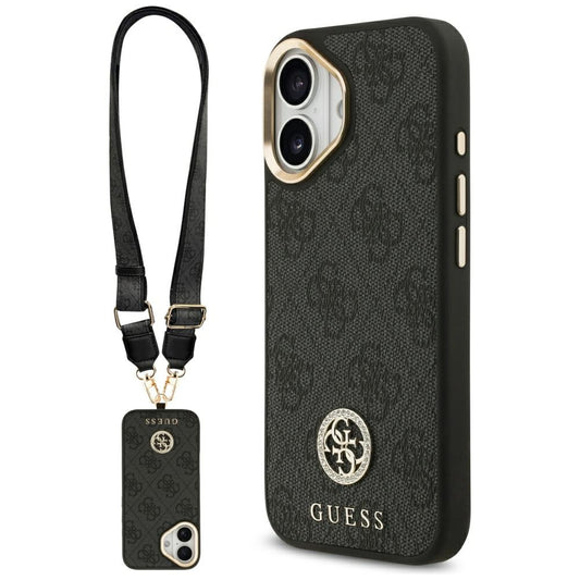 Калъф MagSafe за Apple iPhone 17, Guess, 4G Strass Logo with Big Strap, Черен
