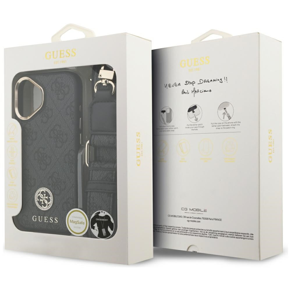 Калъф MagSafe за Apple iPhone 17, Guess, 4G Strass Logo with Big Strap, Черен