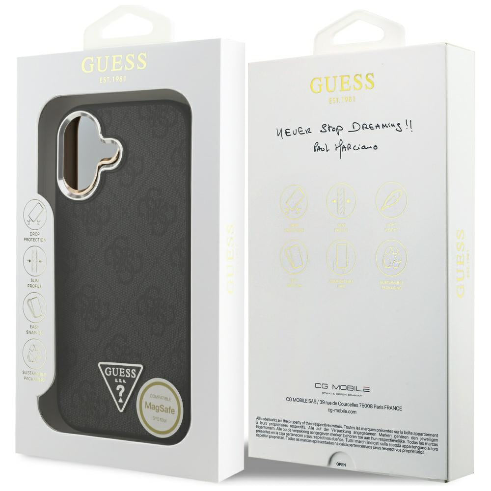 Калъф MagSafe за Apple iPhone 17, Guess, 4G Triangle Logo, Черно Сребрист