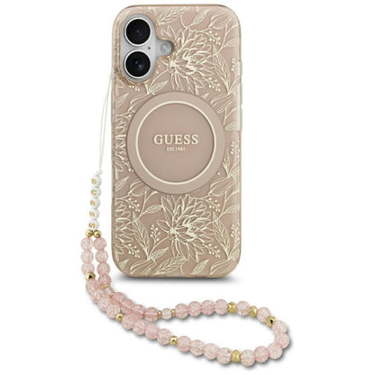 Калъф MagSafe за Apple iPhone 17, Guess, IML Flowers Allover Electroplated with Pearl Strap, Черен