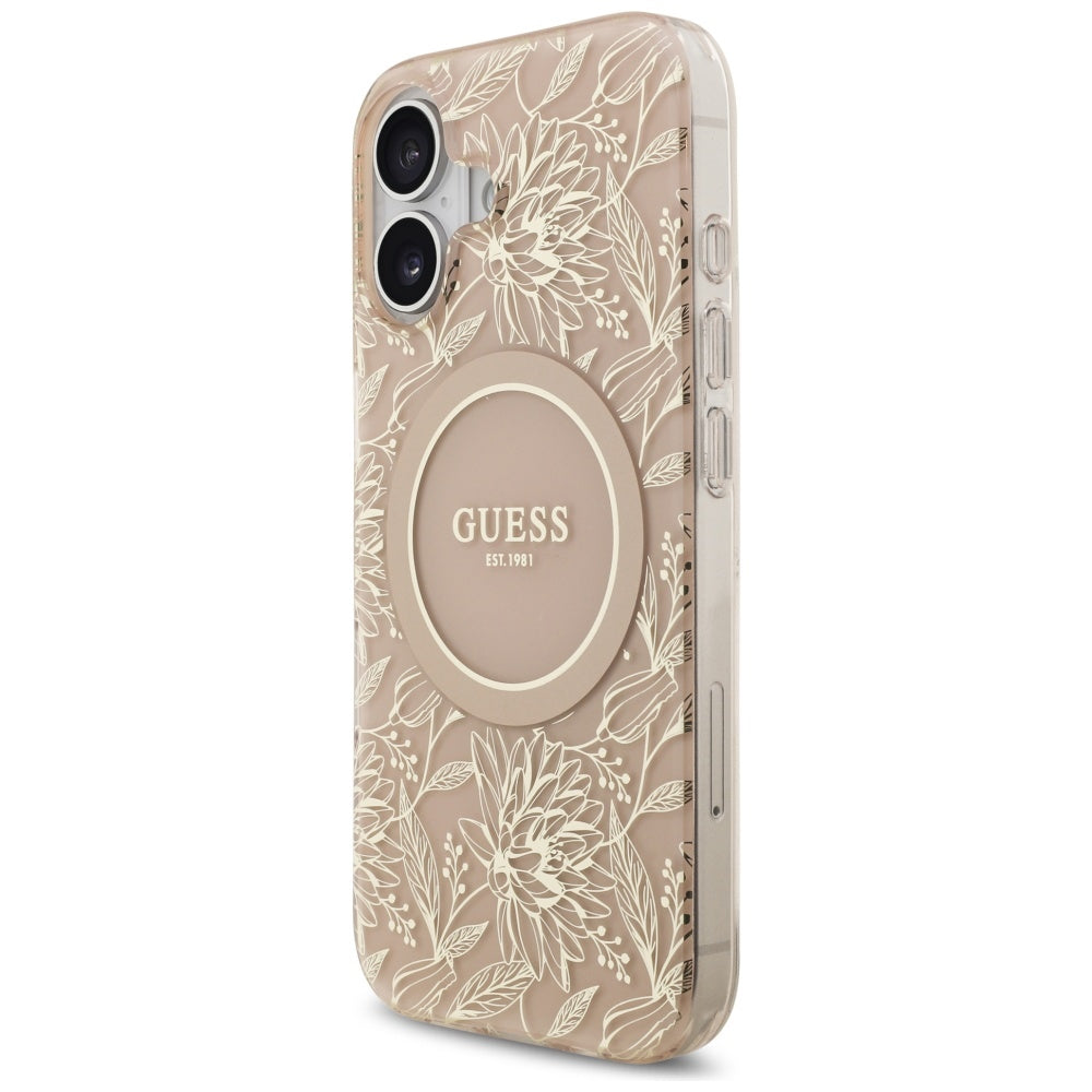 Калъф MagSafe за Apple iPhone 17, Guess, IML Flowers Allover Electroplated with Pearl Strap, Черен