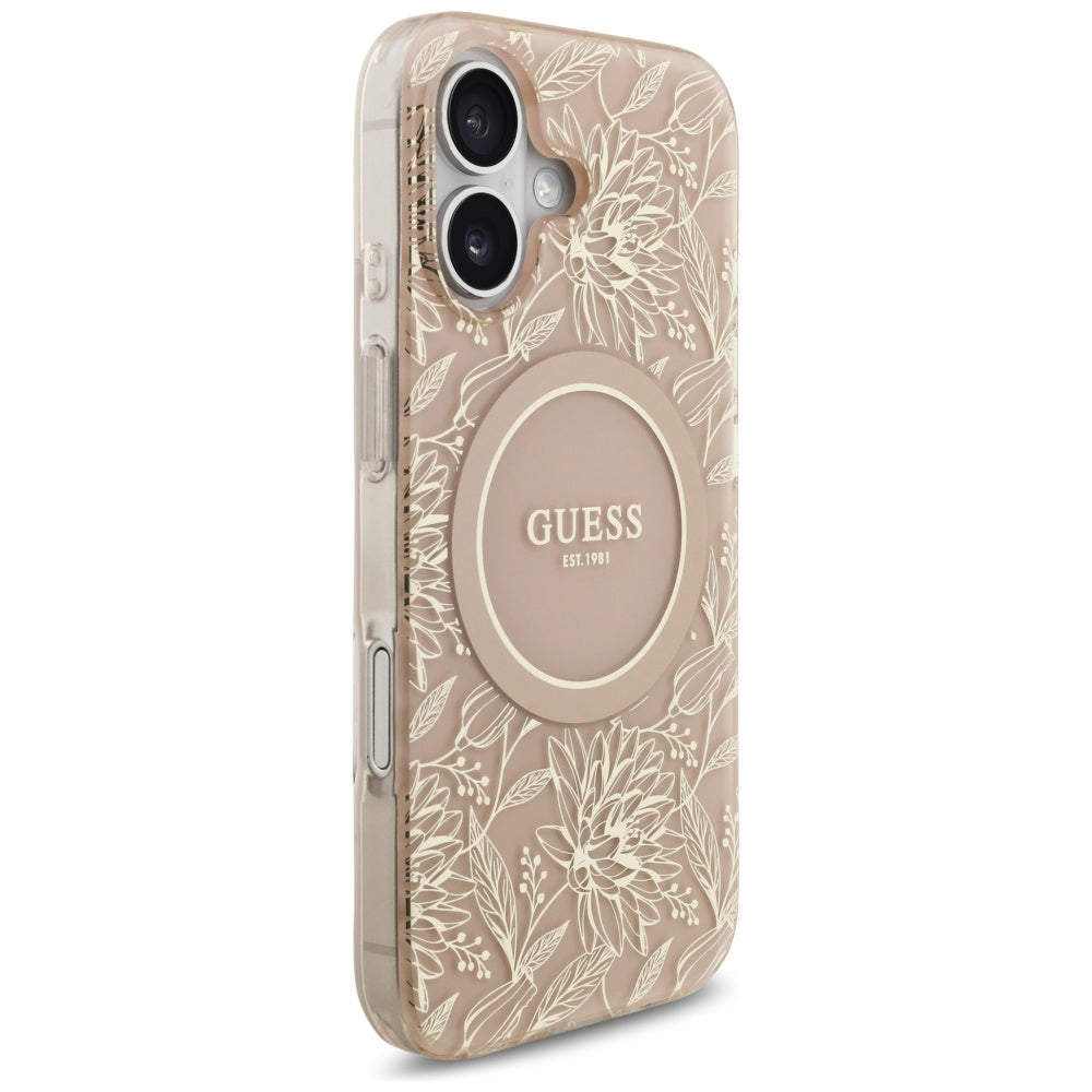Калъф MagSafe за Apple iPhone 17, Guess, IML Flowers Allover Electroplated with Pearl Strap, Черен