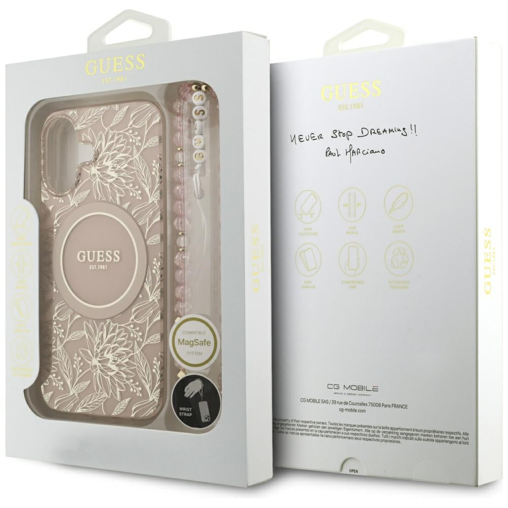 Калъф MagSafe за Apple iPhone 17, Guess, IML Flowers Allover Electroplated with Pearl Strap, Черен