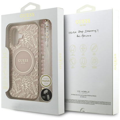 Калъф MagSafe за Apple iPhone 17, Guess, IML Flowers Allover Electroplated with Pearl Strap, Черен