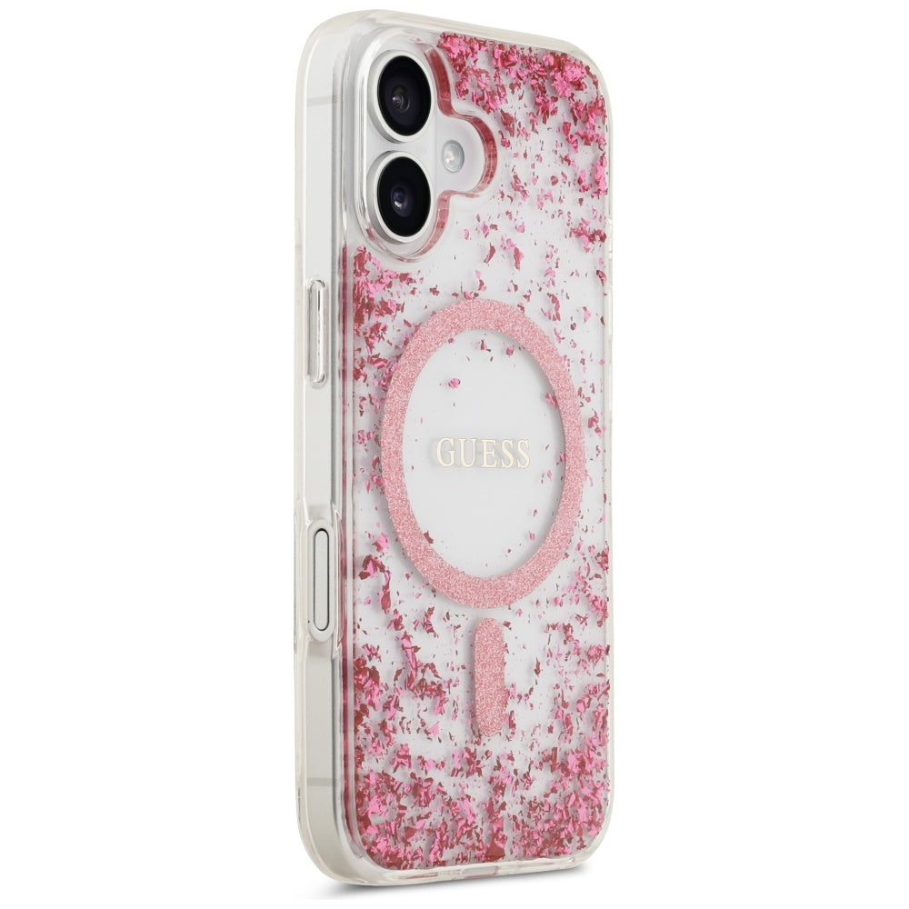 Калъф MagSafe за Apple iPhone 17, Guess, Resin Bottom Glitter, Розов