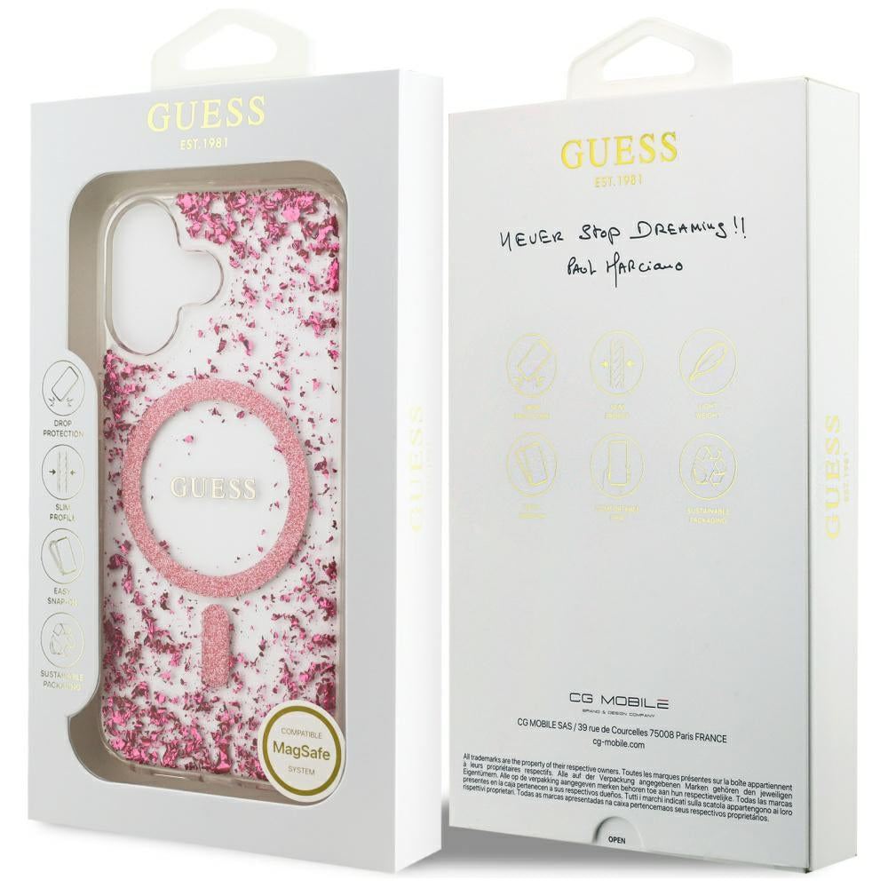 Калъф MagSafe за Apple iPhone 17, Guess, Resin Bottom Glitter, Розов