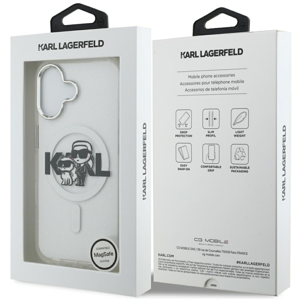 Калъф MagSafe за Apple iPhone 17, Karl Lagerfeld, IML Sketch Logo Glitter Karl & Choupette, Прозрачен