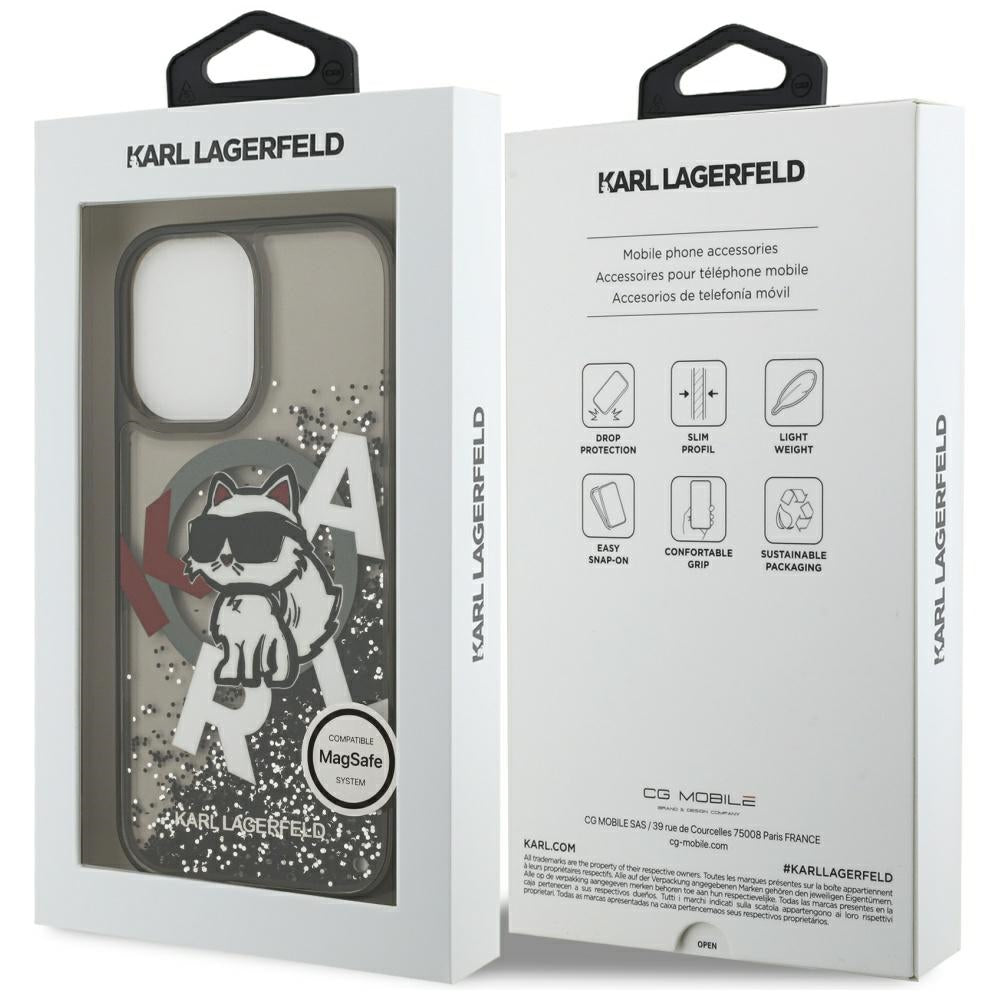 Калъф MagSafe за Apple iPhone 17, Karl Lagerfeld, Liquid Glitter Logo Choupette, Черен
