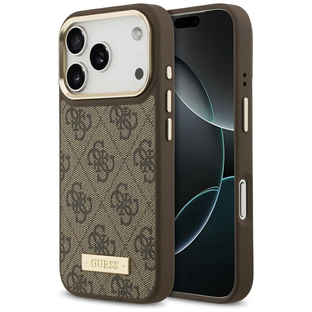 Калъф MagSafe за Apple iPhone 17 Pro, Guess, 4G Logo Plate, Кафяв