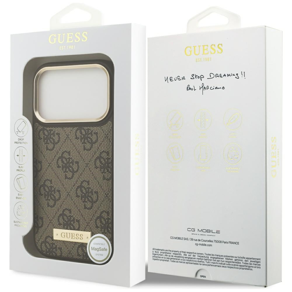 Калъф MagSafe за Apple iPhone 17 Pro, Guess, 4G Logo Plate, Кафяв