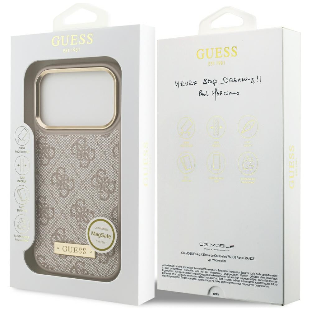 Калъф MagSafe за Apple iPhone 17 Pro, Guess, 4G Logo Plate, Розов