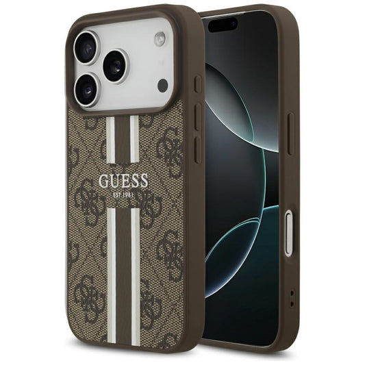 Калъф MagSafe за Apple iPhone 17 Pro, Guess, 4G Printed Stripes, Кафяв