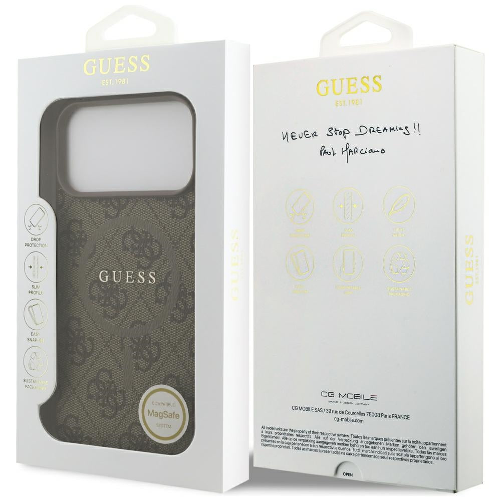 Калъф MagSafe за Apple iPhone 17 Pro, Guess, 4G Ring Classic Logo, Кафяв
