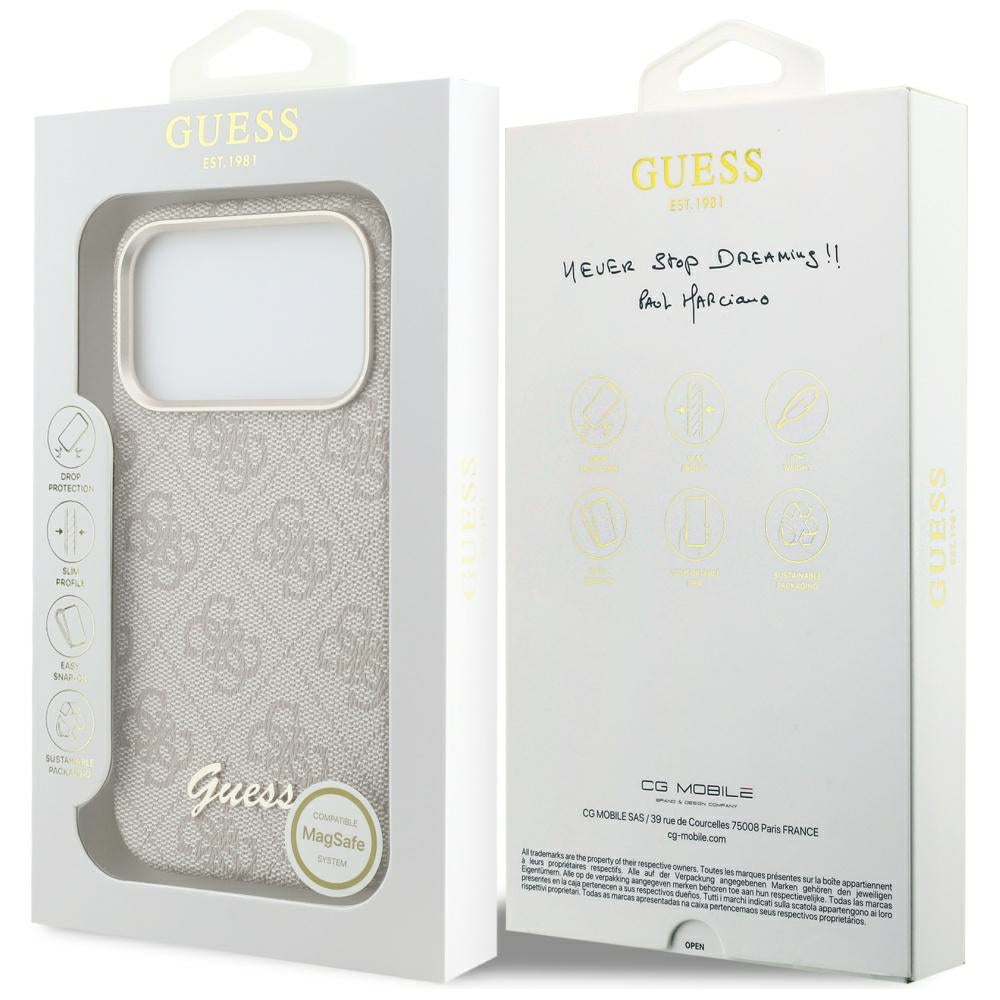 Калъф MagSafe за Apple iPhone 17 Pro, Guess, 4G Script Logo, Розов