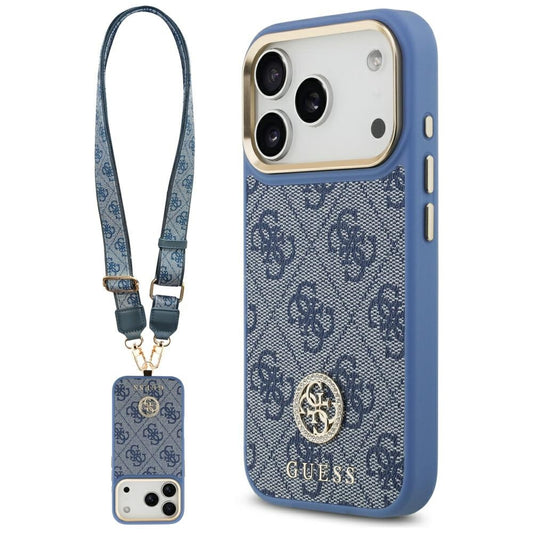 Калъф MagSafe за Apple iPhone 17 Pro, Guess, 4G Strass Logo with Big Strap, Син