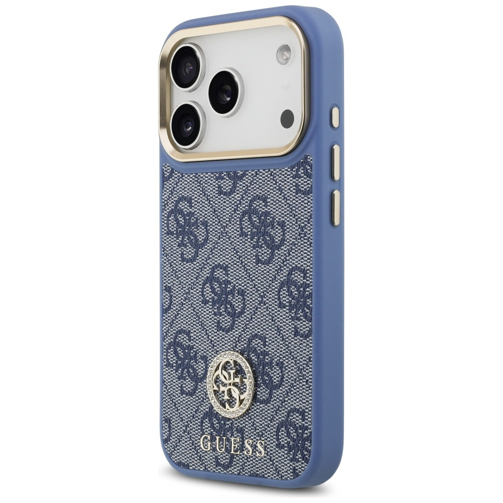 Калъф MagSafe за Apple iPhone 17 Pro, Guess, 4G Strass Logo with Big Strap, Син
