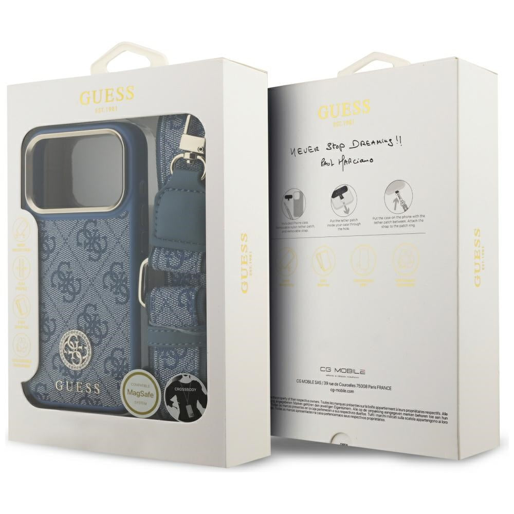 Калъф MagSafe за Apple iPhone 17 Pro, Guess, 4G Strass Logo with Big Strap, Син
