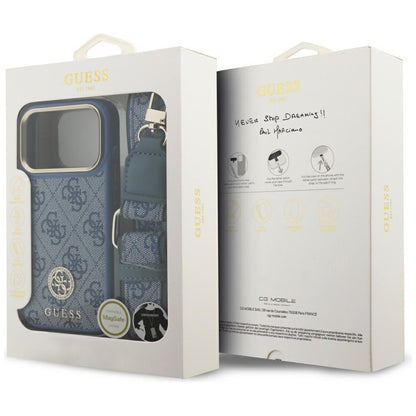 Калъф MagSafe за Apple iPhone 17 Pro, Guess, 4G Strass Logo with Big Strap, Син