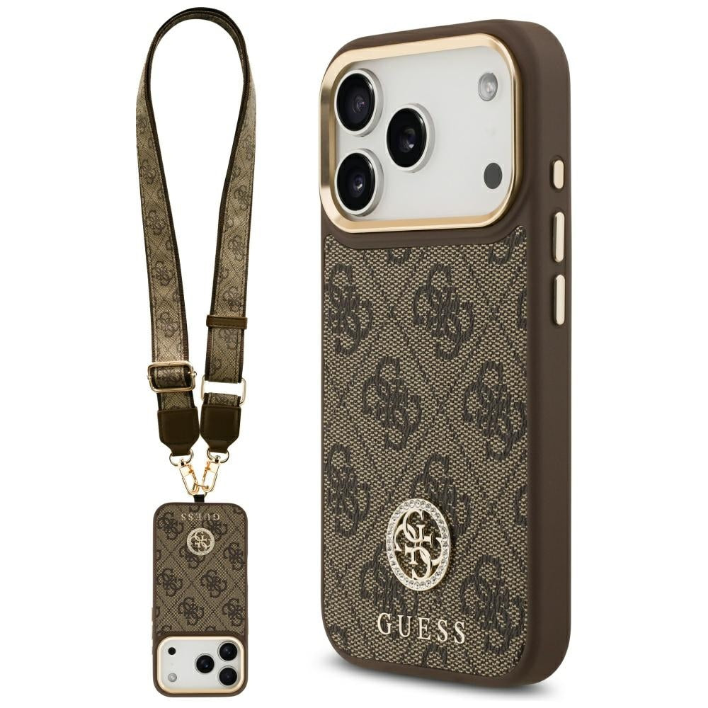 Калъф MagSafe за Apple iPhone 17 Pro, Guess, 4G Strass Logo with Big Strap, Кафяв