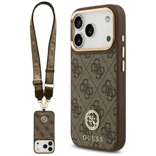 Калъф MagSafe за Apple iPhone 17 Pro, Guess, 4G Strass Logo with Big Strap, Кафяв