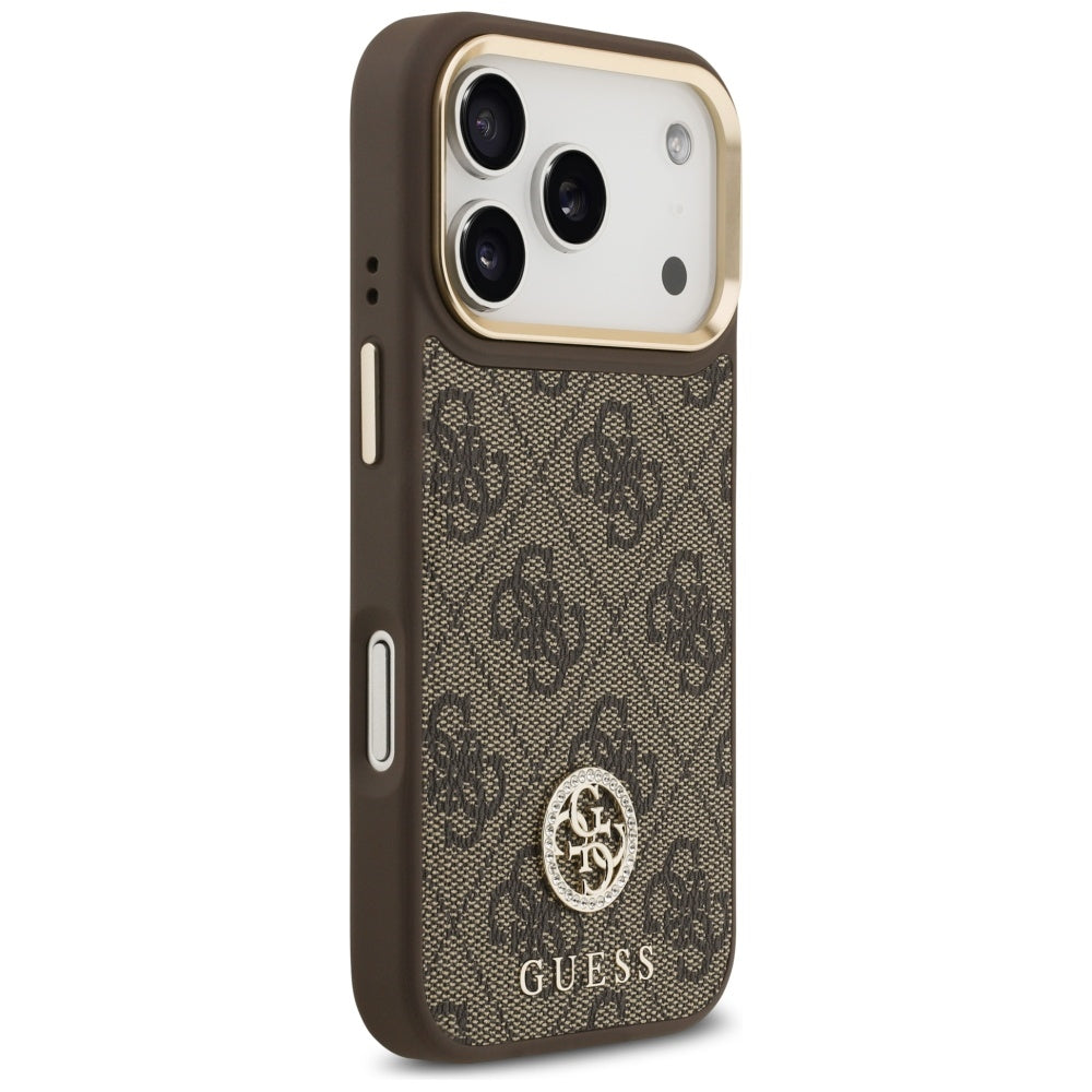 Калъф MagSafe за Apple iPhone 17 Pro, Guess, 4G Strass Logo with Big Strap, Кафяв
