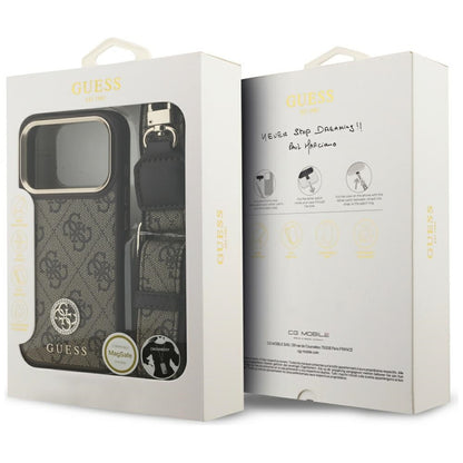 Калъф MagSafe за Apple iPhone 17 Pro, Guess, 4G Strass Logo with Big Strap, Кафяв