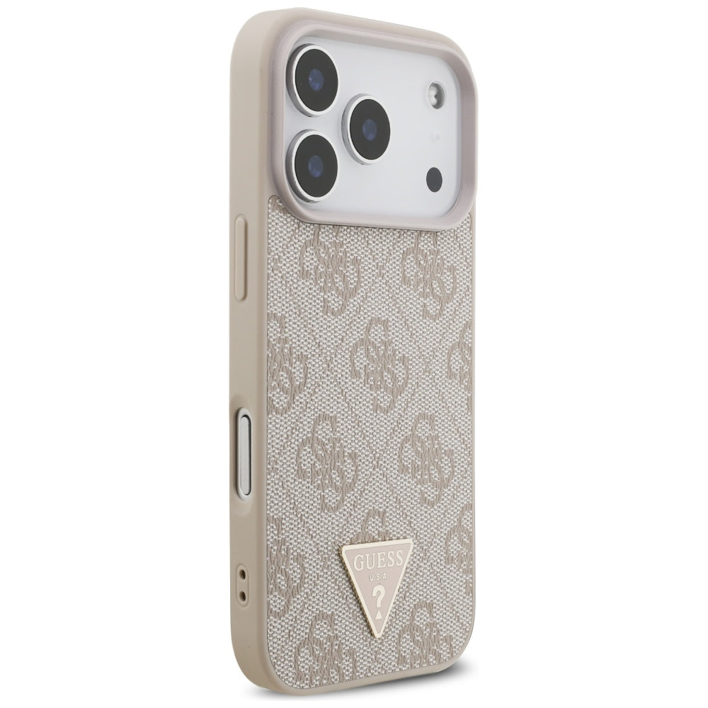 Калъф MagSafe за Apple iPhone 17 Pro, Guess, 4G Triangle Logo с перлена презрамка, Розов