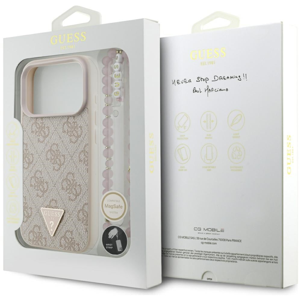 Калъф MagSafe за Apple iPhone 17 Pro, Guess, 4G Triangle Logo с перлена презрамка, Розов