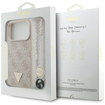 Калъф MagSafe за Apple iPhone 17 Pro, Guess, 4G Triangle Logo с перлена презрамка, Розов