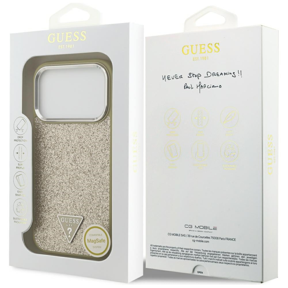 Калъф MagSafe за Apple iPhone 17 Pro, Guess, Glitter Triangle Logo, Златист