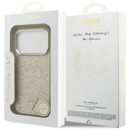 Калъф MagSafe за Apple iPhone 17 Pro, Guess, Glitter Triangle Logo, Златист