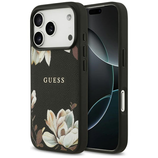 Калъф MagSafe за Apple iPhone 17 Pro, Guess, Grained Flowers, Черен