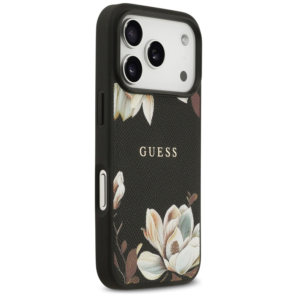 Калъф MagSafe за Apple iPhone 17 Pro, Guess, Grained Flowers, Черен