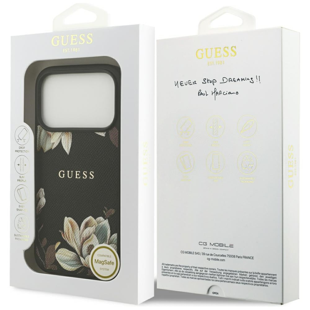 Калъф MagSafe за Apple iPhone 17 Pro, Guess, Grained Flowers, Черен