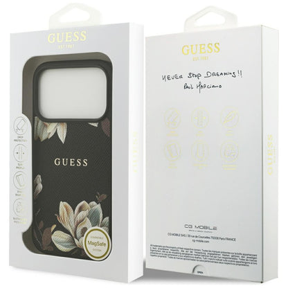 Калъф MagSafe за Apple iPhone 17 Pro, Guess, Grained Flowers, Черен