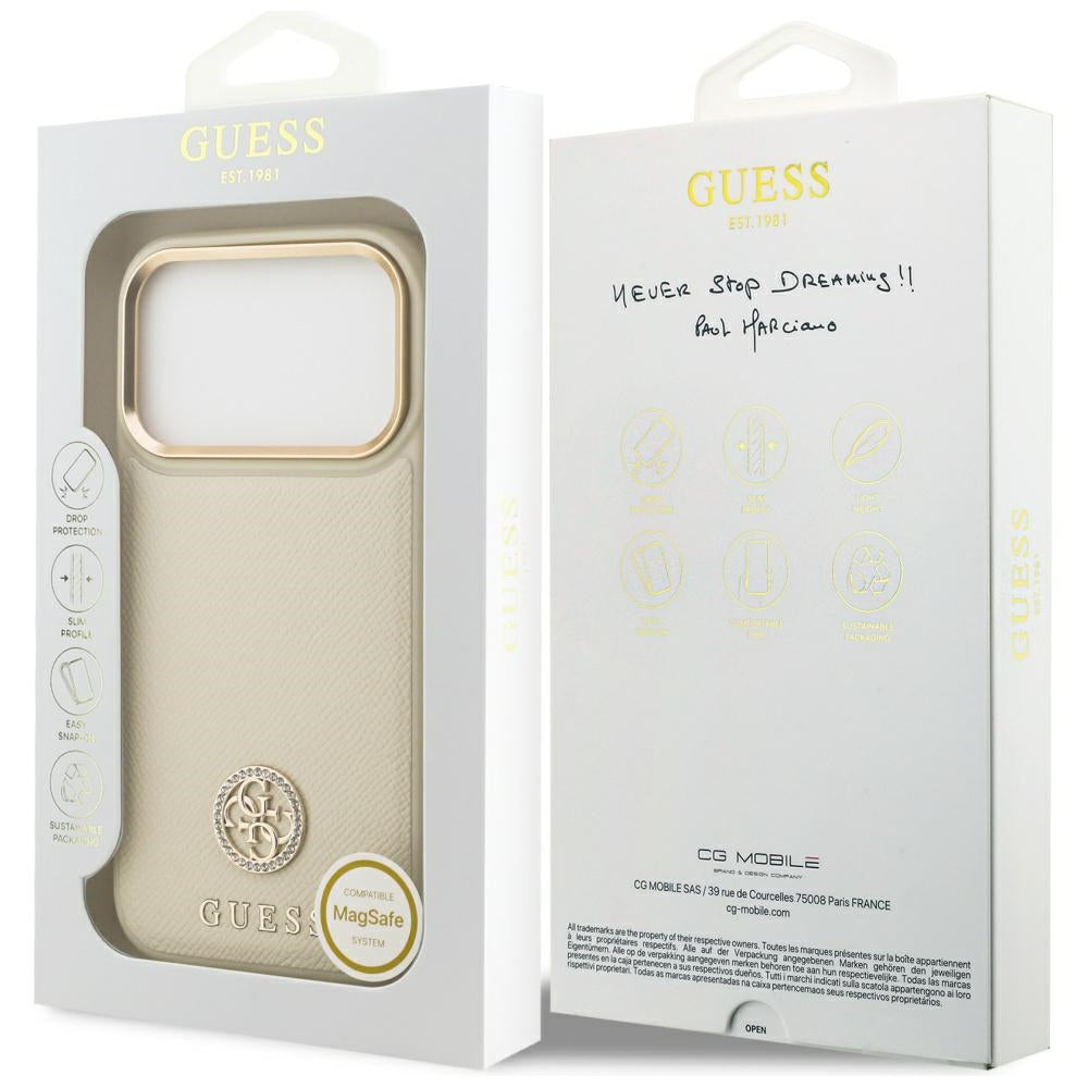 Калъф MagSafe за Apple iPhone 17 Pro, Guess, Grained Strass Logo, Бежов