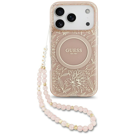 MagSafe Case for Apple iPhone 17 Pro, Guess, IML Flowers Allover Electroplated with Pearl Strap, Pink