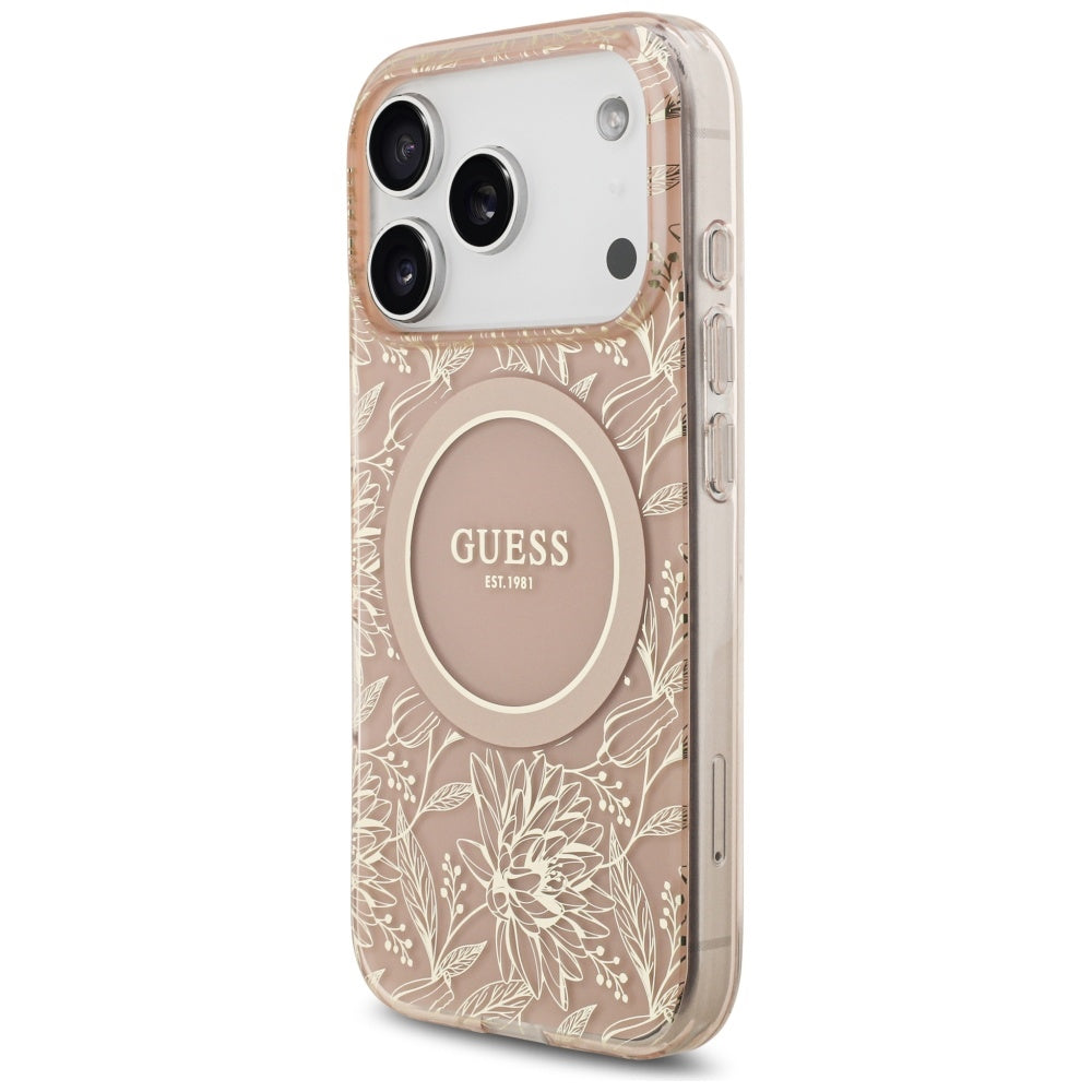 Калъф MagSafe за Apple iPhone 17 Pro, Guess, IML Flowers Allover Electroplated with Pearl Strap, Розов