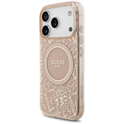 Калъф MagSafe за Apple iPhone 17 Pro, Guess, IML Flowers Allover Electroplated with Pearl Strap, Розов