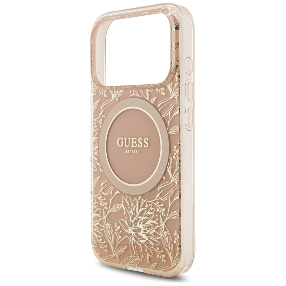 Калъф MagSafe за Apple iPhone 17 Pro, Guess, IML Flowers Allover Electroplated with Pearl Strap, Розов