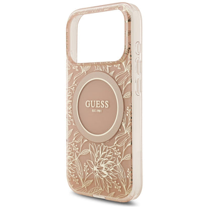 Калъф MagSafe за Apple iPhone 17 Pro, Guess, IML Flowers Allover Electroplated with Pearl Strap, Розов