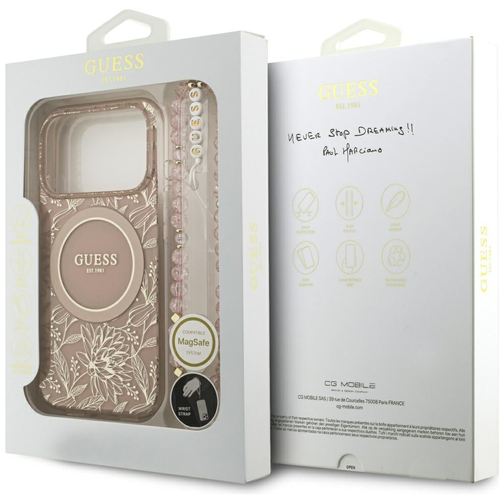 Калъф MagSafe за Apple iPhone 17 Pro, Guess, IML Flowers Allover Electroplated with Pearl Strap, Розов
