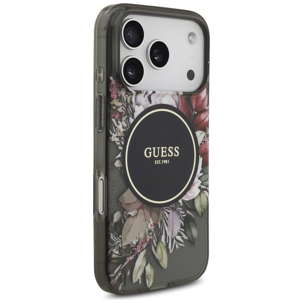 Калъф MagSafe за Apple iPhone 17 Pro, Guess, IML Flowers with Pearl Strap, Черен