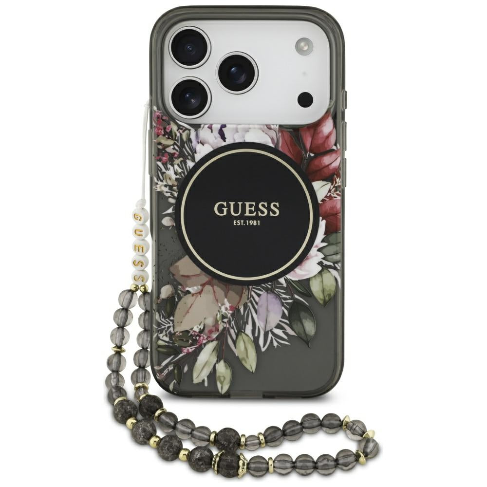 Калъф MagSafe за Apple iPhone 17 Pro, Guess, IML Flowers with Pearl Strap, Черен