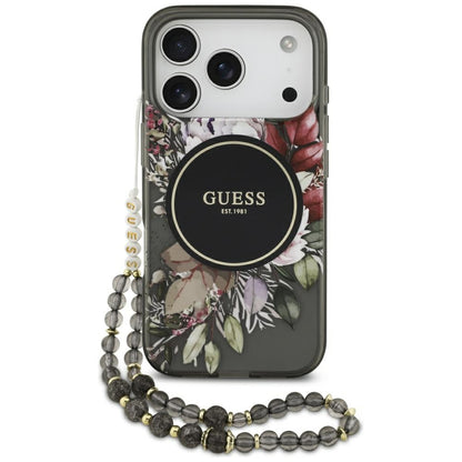 Калъф MagSafe за Apple iPhone 17 Pro, Guess, IML Flowers with Pearl Strap, Черен